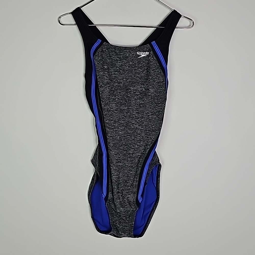 Speedo size 8 black/gray/blue one piece swim suite